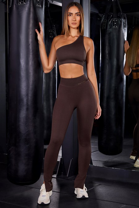 Bo+Tee All Fired Up High Cintura Split Flare Acanalado Leggings Marrones | JUXA40862