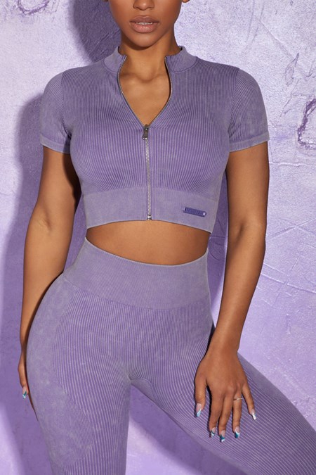 Bo+Tee Chase Corta Sleeve Zip Crop Top Violet | EJCZ68513