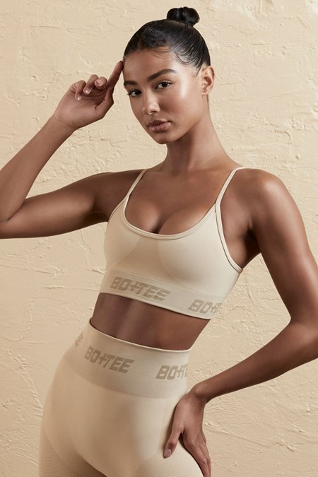 Bo+Tee Contender Curved Neckline Sports Bra Beige | KCHQ17935