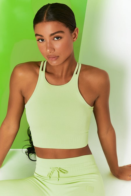 Bo+Tee Feel Your Power Acanalado Racer Crop Top Lime | DRNP83451