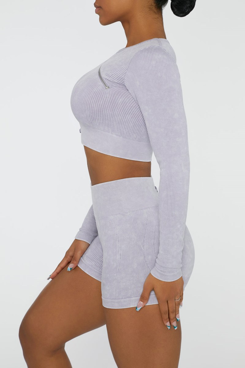 Bo+Tee Agile Long Sleeve High Neck Zip Crop Top Lilac | KISX29614