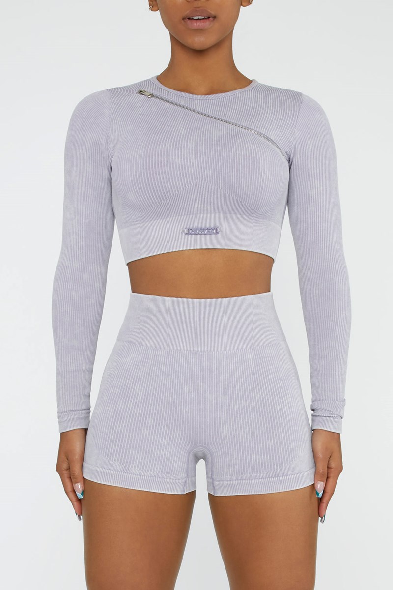 Bo+Tee Agile Long Sleeve High Neck Zip Crop Top Lilac | KISX29614