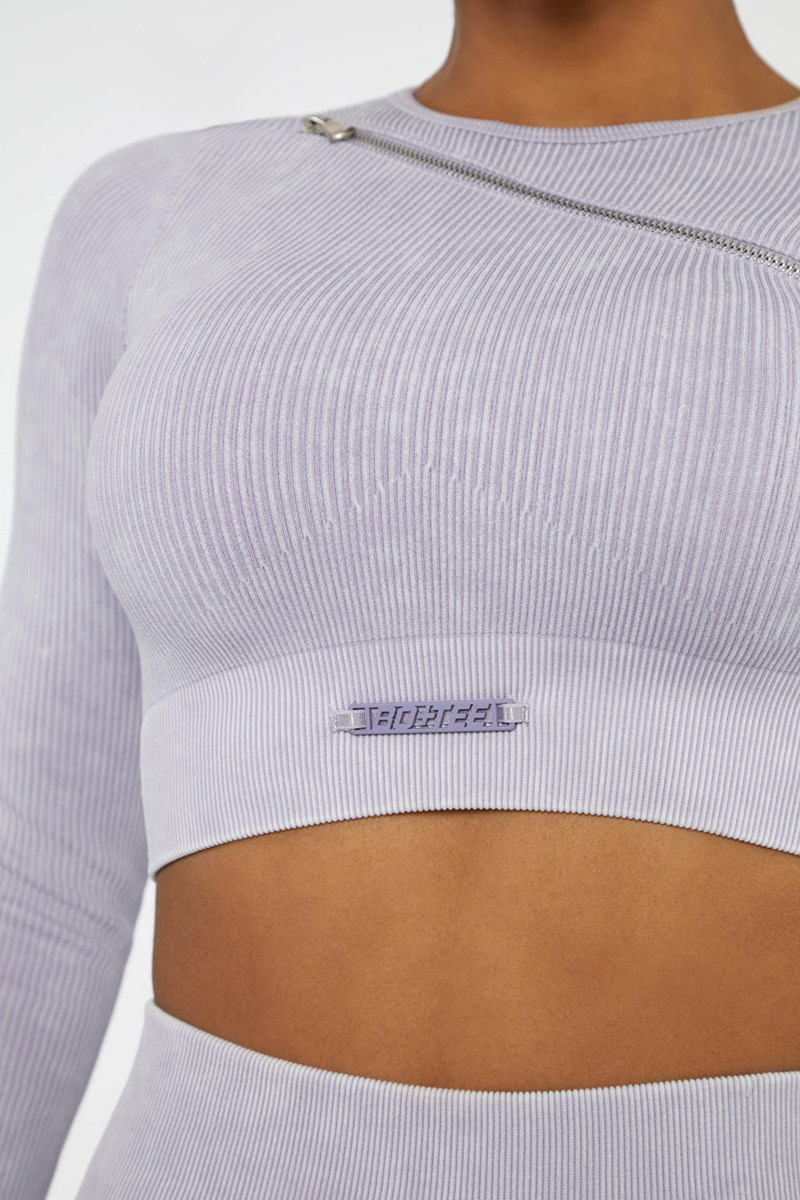 Bo+Tee Agile Long Sleeve High Neck Zip Crop Top Lilac | KISX29614