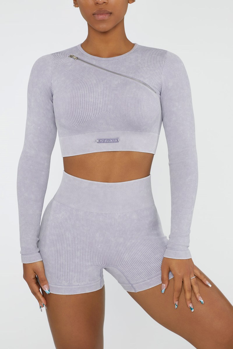 Bo+Tee Agile Long Sleeve High Neck Zip Crop Top Lilac | KISX29614