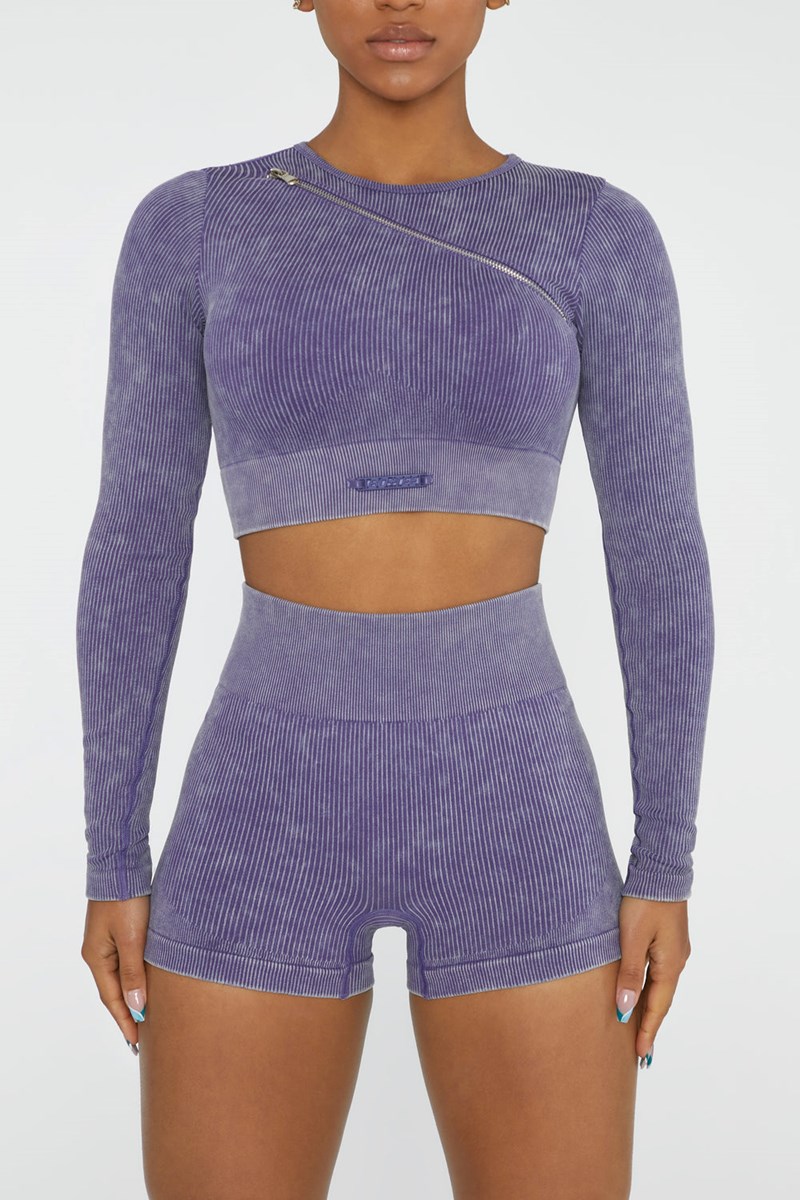 Bo+Tee Agile Long Sleeve High Neck Zip Crop Top Violet | PCBU21476