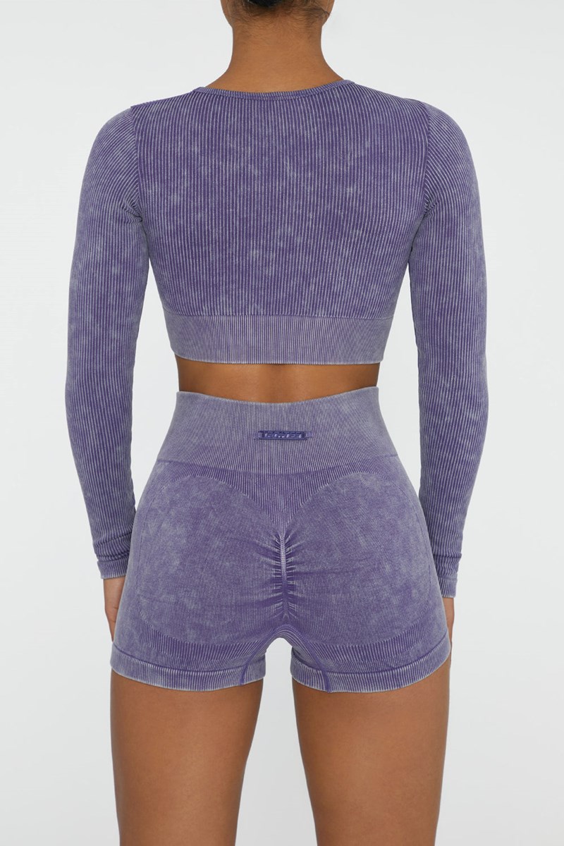 Bo+Tee Agile Long Sleeve High Neck Zip Crop Top Violet | PCBU21476