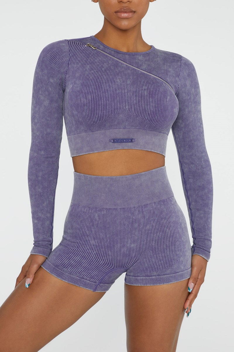 Bo+Tee Agile Long Sleeve High Neck Zip Crop Top Violet | PCBU21476