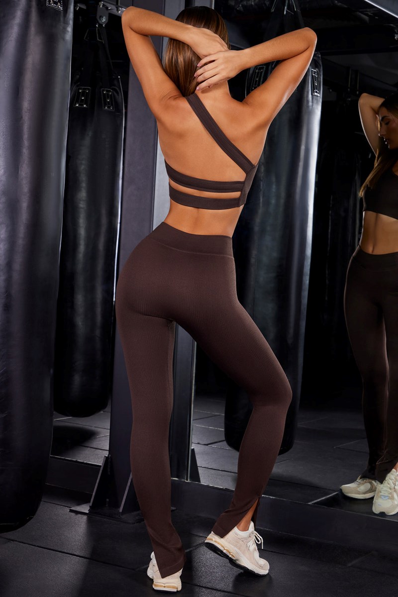 Bo+Tee All Fired Up High Cintura Split Flare Acanalado Leggings Marrones | JUXA40862