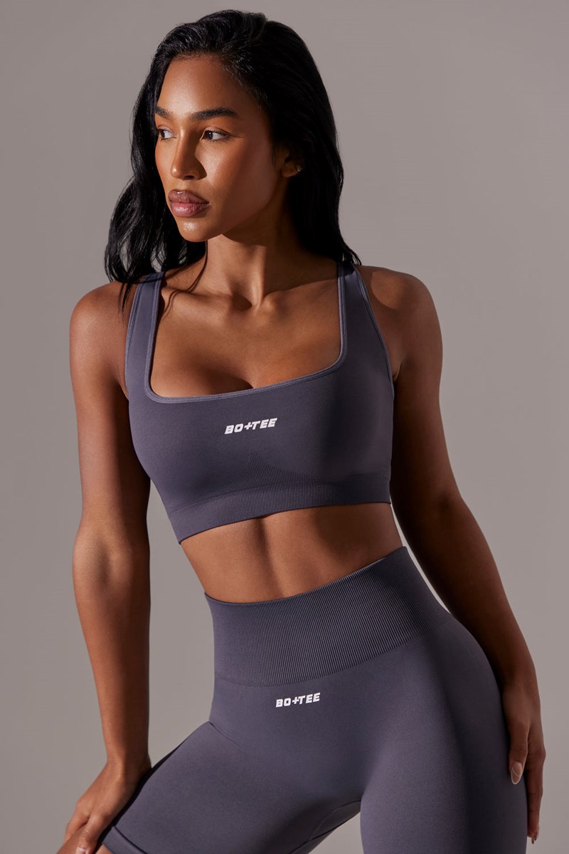 Bo+Tee Ardour Open Back Square Neck Sports Bra Gris | BQRT93567