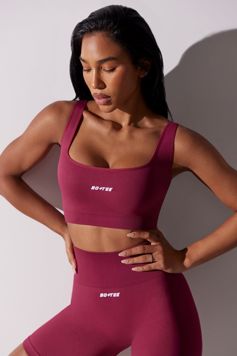 Bo+Tee Ardour Open Back Square Neck Sports Bra Plum | TNHM80549