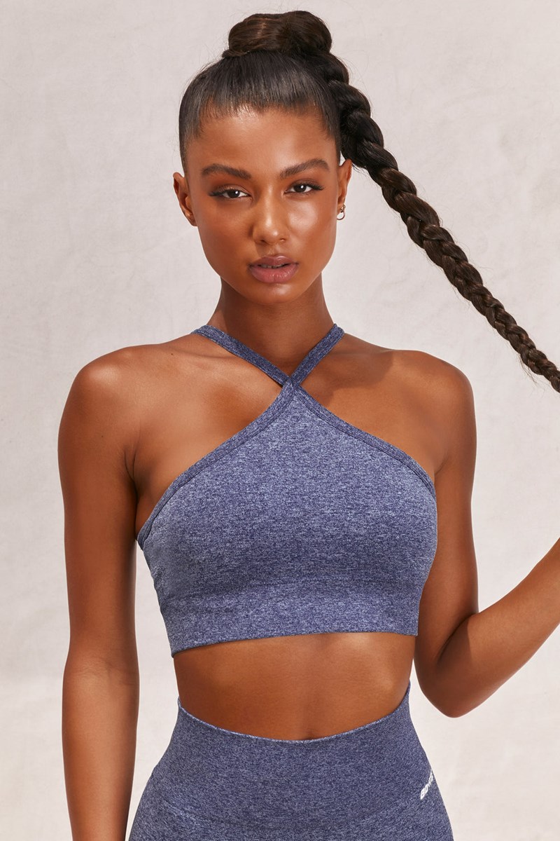 Bo+Tee Breathe Seamless Cross Correa Sports Bra Azul Marino | FJGH12748