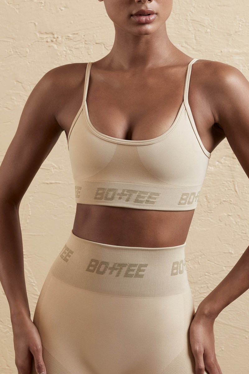 Bo+Tee Contender Curved Neckline Sports Bra Beige | KCHQ17935