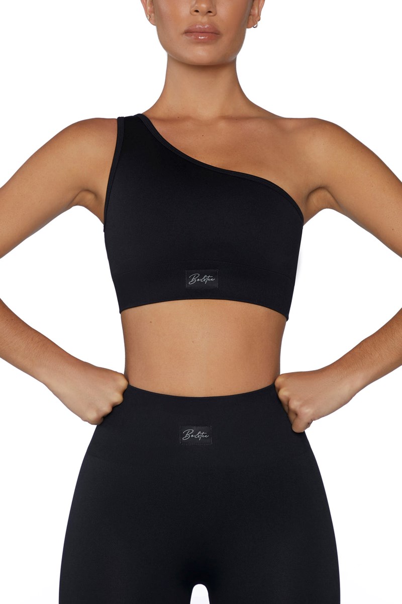 Bo+Tee Empowered Seamless Asymmetric Crop Top Negras | FIQY62534