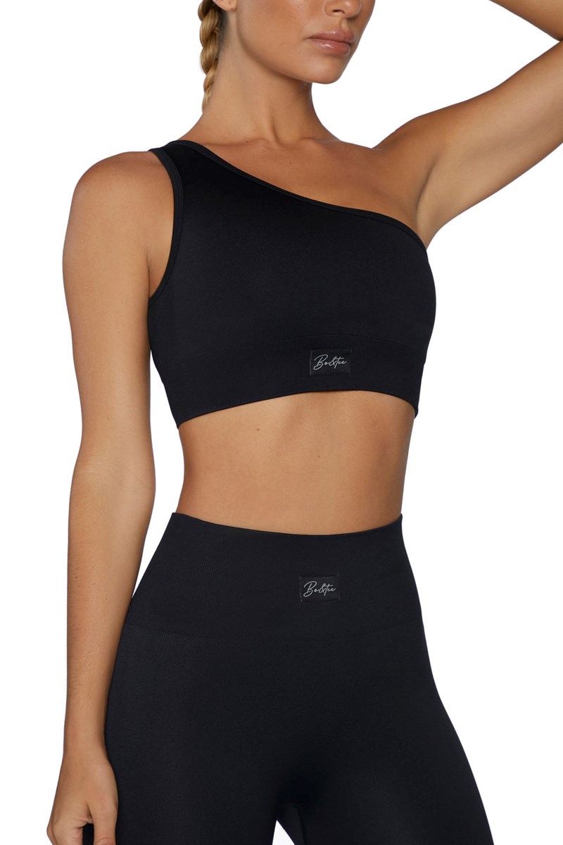 Bo+Tee Empowered Seamless Asymmetric Crop Top Negras | FIQY62534