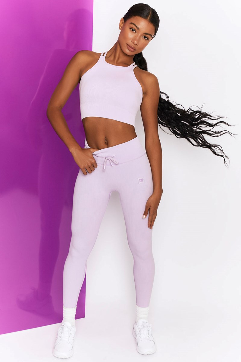 Bo+Tee Energise Acanalado Tie Front Full Length Leggings Lilac | DBVH59702