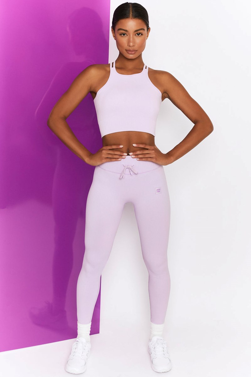 Bo+Tee Energise Acanalado Tie Front Full Length Leggings Lilac | DBVH59702