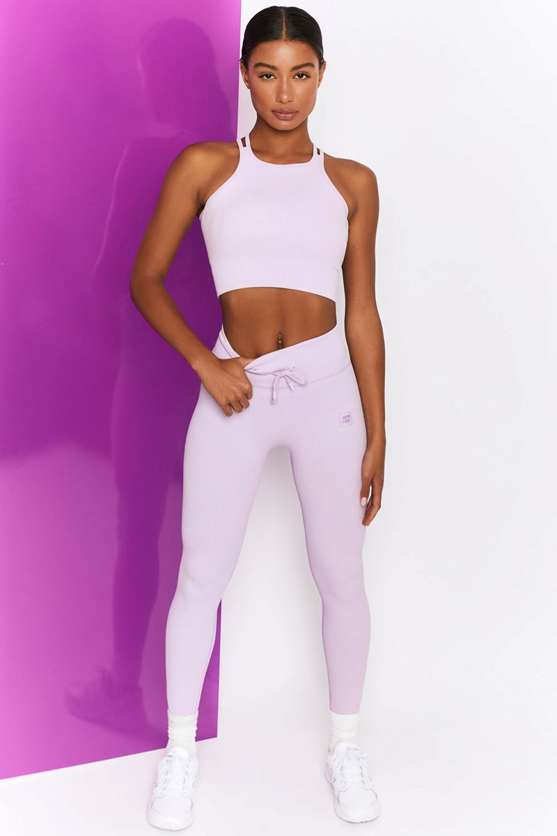 Bo+Tee Energise Acanalado Tie Front Full Length Leggings Lilac | DBVH59702