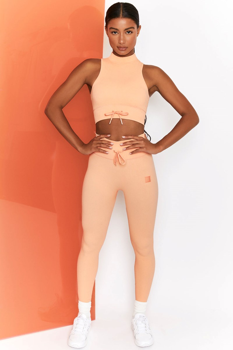 Bo+Tee Energise Acanalado Tie Front Full Length Leggings Peach | FMLC78549