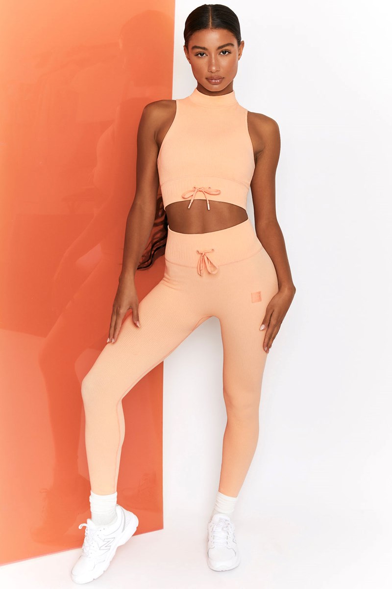 Bo+Tee Energise Acanalado Tie Front Full Length Leggings Peach | FMLC78549