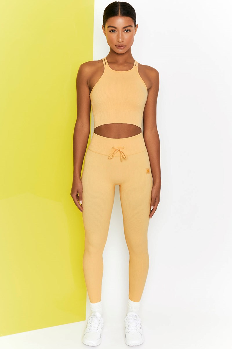 Bo+Tee Energise Acanalado Tie Front Full Length Leggings Amarillo | KGVA36209