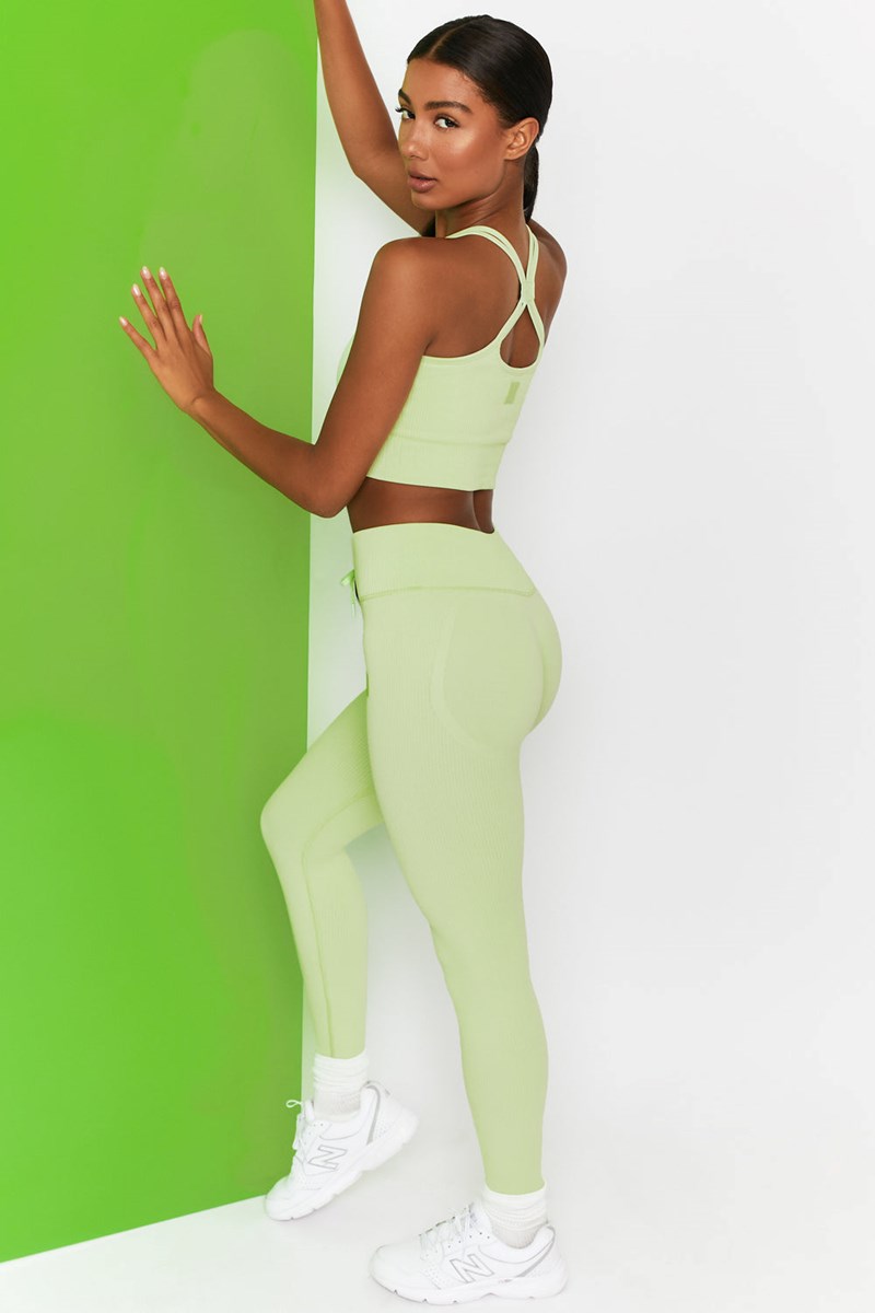 Bo+Tee Energise Acanalado Tie Front Full Length Leggings Lime | RLMT65924