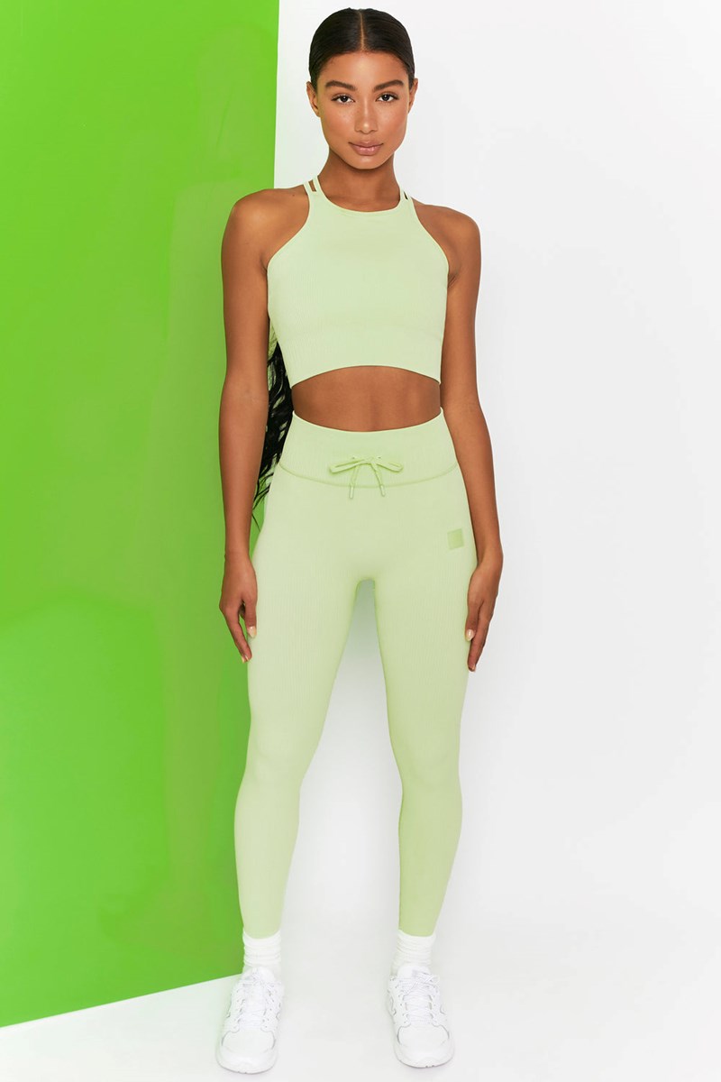 Bo+Tee Energise Acanalado Tie Front Full Length Leggings Lime | RLMT65924