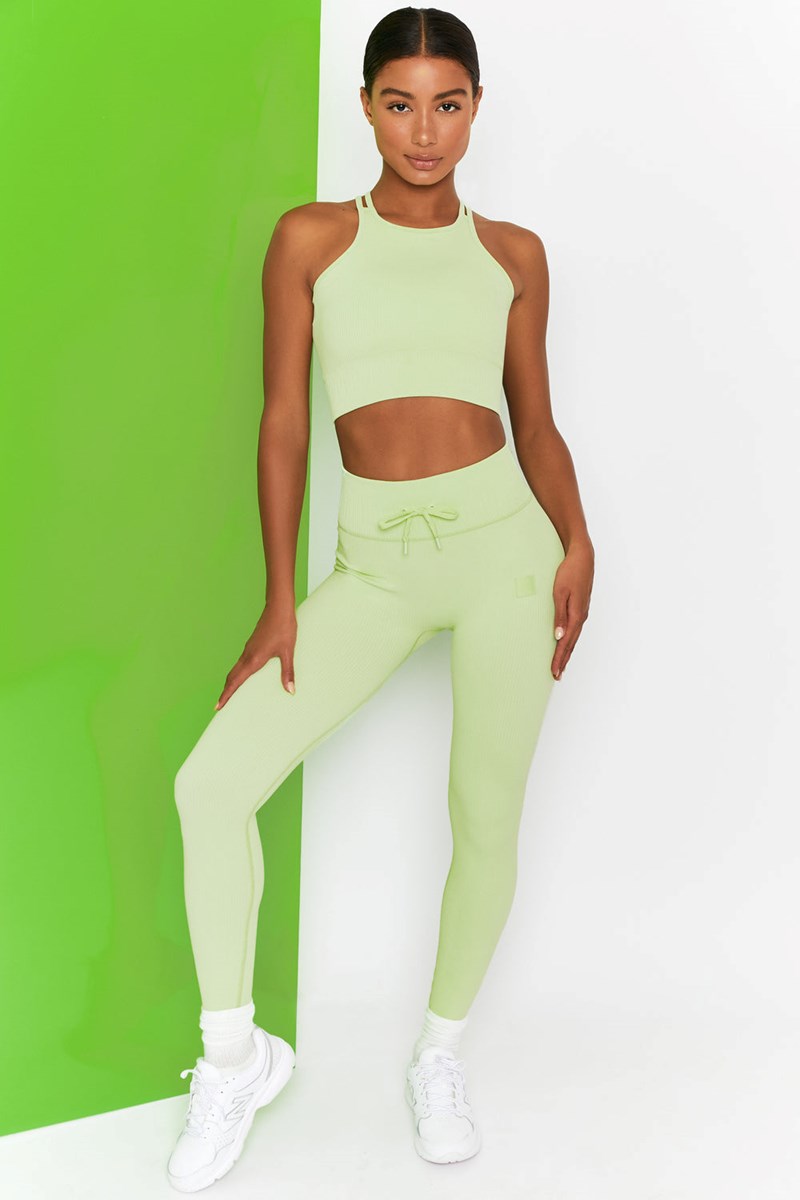 Bo+Tee Energise Acanalado Tie Front Full Length Leggings Lime | RLMT65924