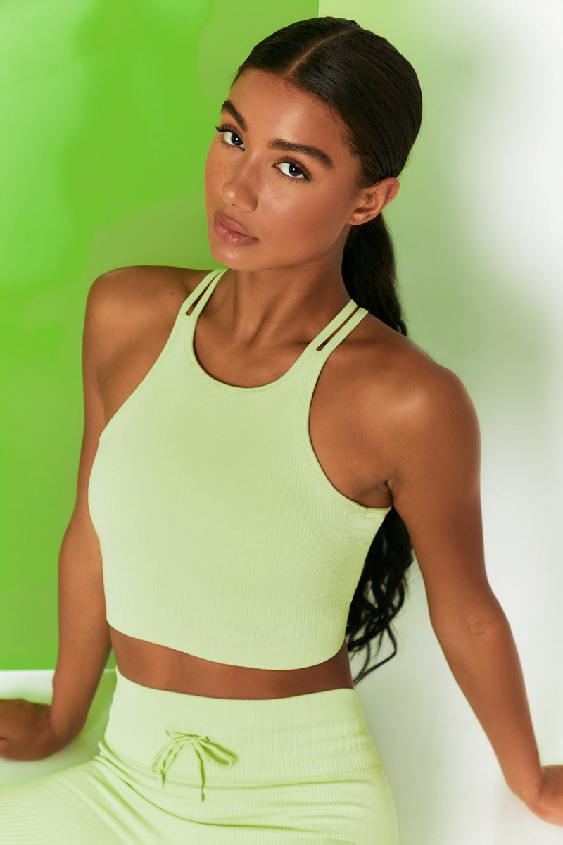 Bo+Tee Feel Your Power Acanalado Racer Crop Top Lime | DRNP83451