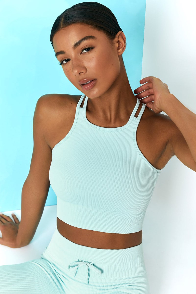 Bo+Tee Feel Your Power Acanalado Racer Crop Top Azules Claro | YNAF31056