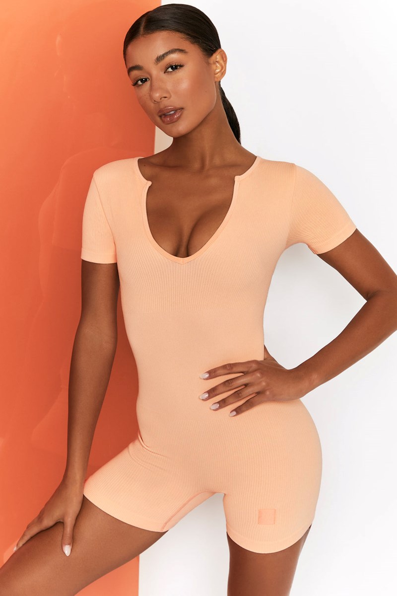 Bo+Tee Game Plan Acanalado Playsuit Peach | ZSBQ26839