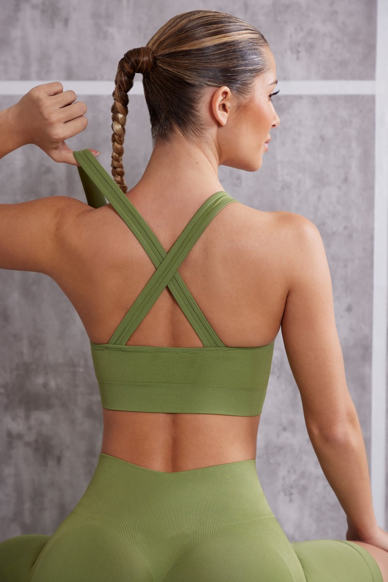 Bo+Tee In Check Plunge Neck Sports Bra Verde Oliva | ROPK46891