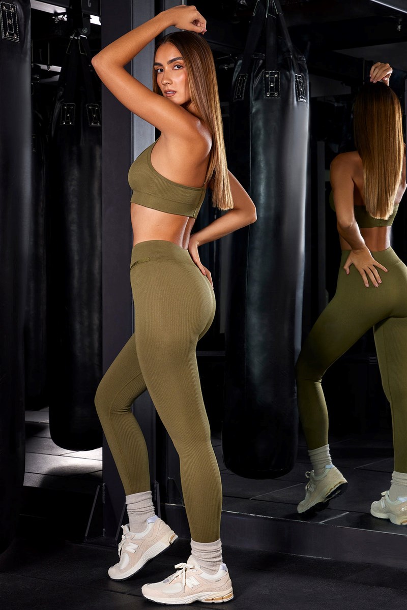 Bo+Tee In Control High Cintura Acanalado Leggings Verde Oliva | AHDP58764