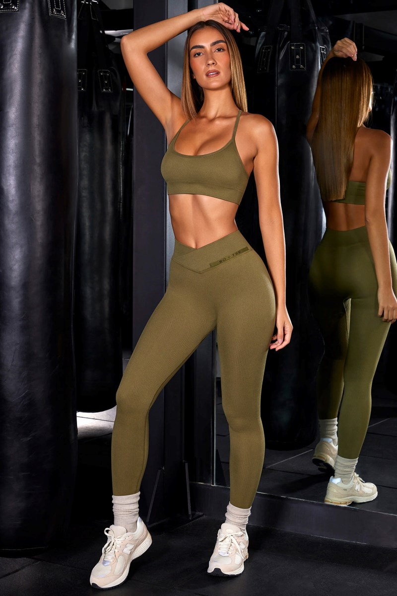 Bo+Tee In Control High Cintura Acanalado Leggings Verde Oliva | AHDP58764