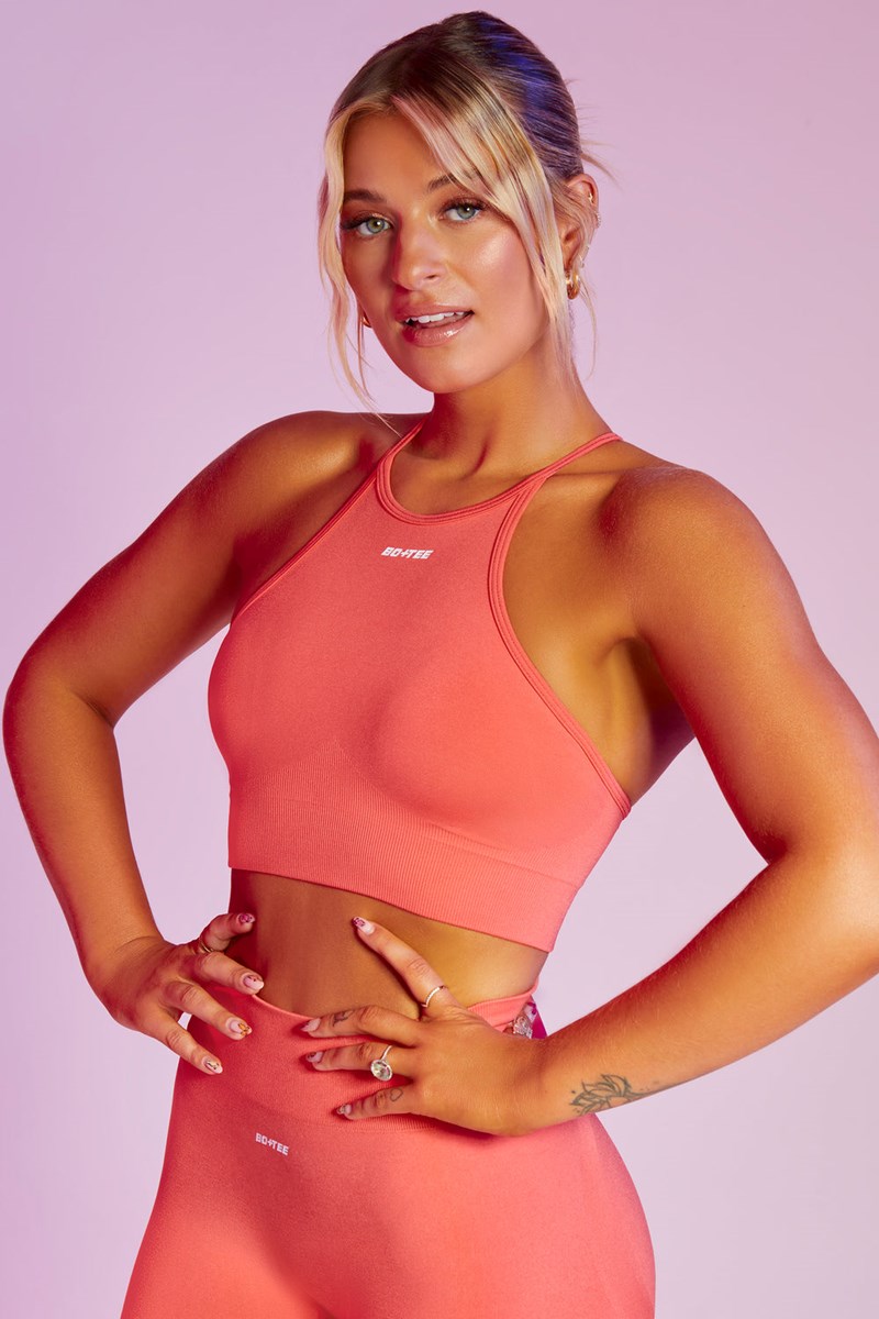 Bo+Tee Incline Seamless High Neck Cross Back Crop Top Coral | VOGZ19806