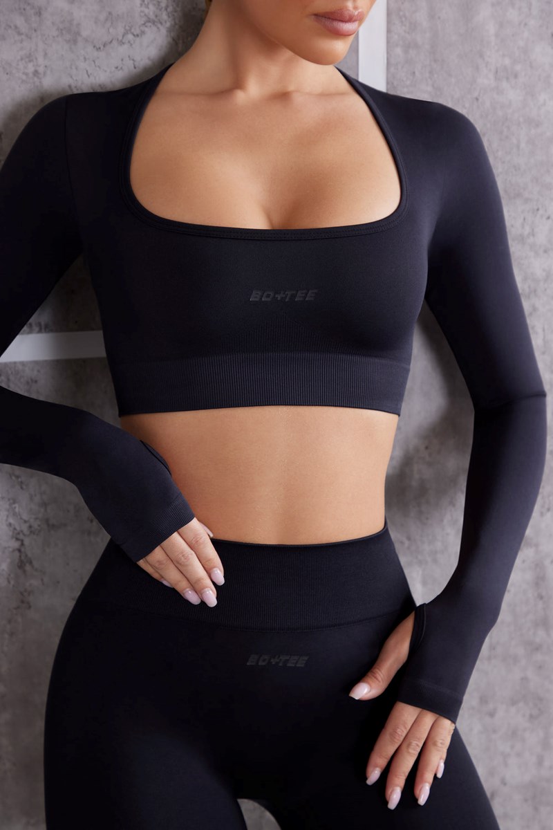 Bo+Tee Instinct Long Sleeve Crop Top Negras | UZGB65324