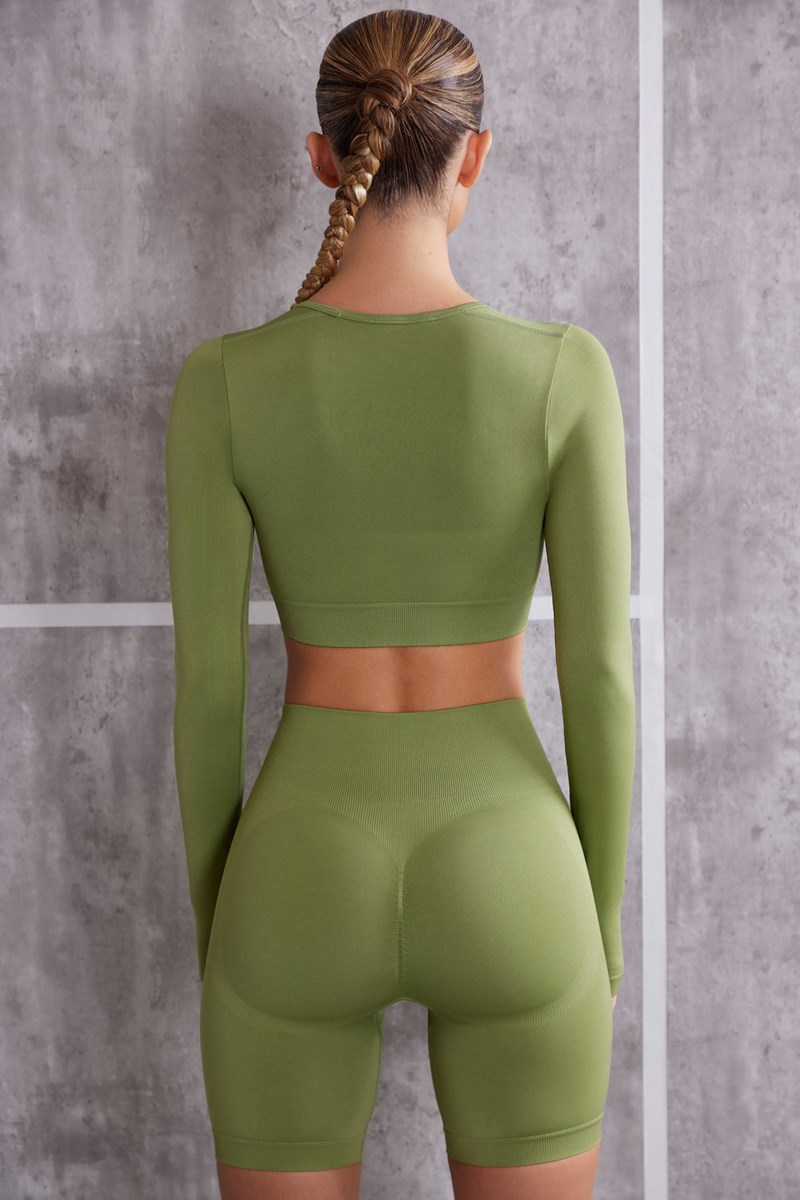 Bo+Tee Instinct Long Sleeve Crop Top Verde Oliva | KMLB74862