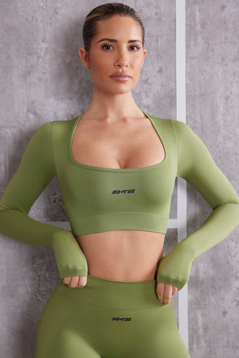 Bo+Tee Instinct Long Sleeve Crop Top Verde Oliva | KMLB74862