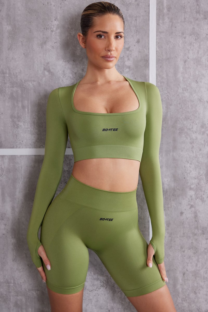 Bo+Tee Instinct Long Sleeve Crop Top Verde Oliva | KMLB74862