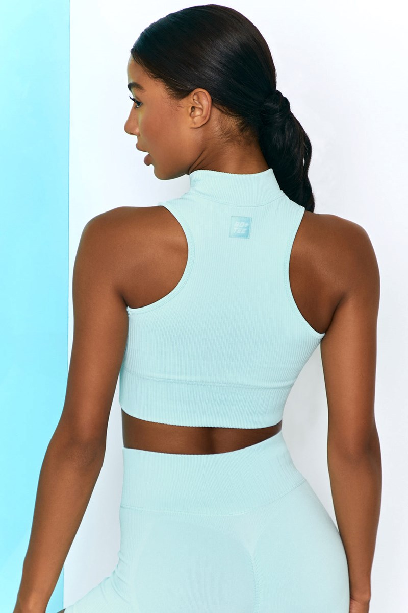 Bo+Tee Miles Ahead Acanalado High Neck Crop Top Azules Claro | EJHX86412