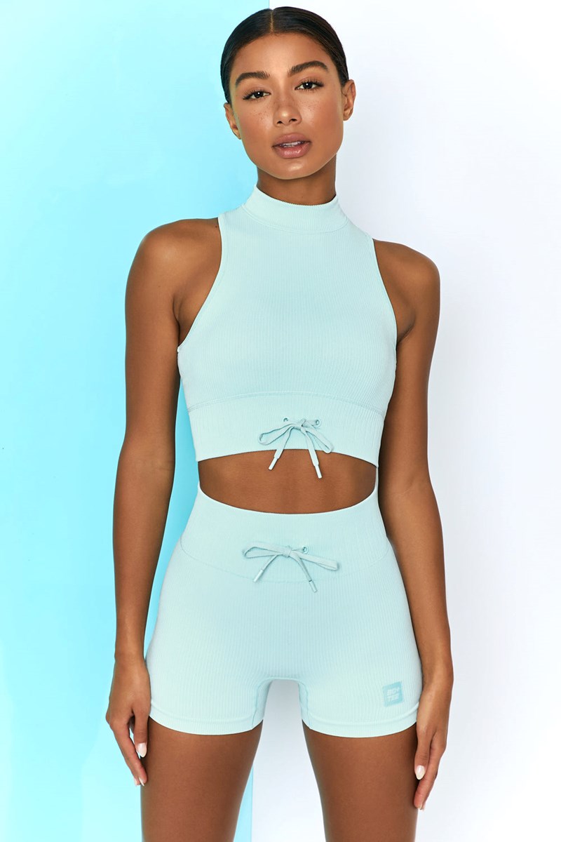 Bo+Tee Miles Ahead Acanalado High Neck Crop Top Azules Claro | EJHX86412