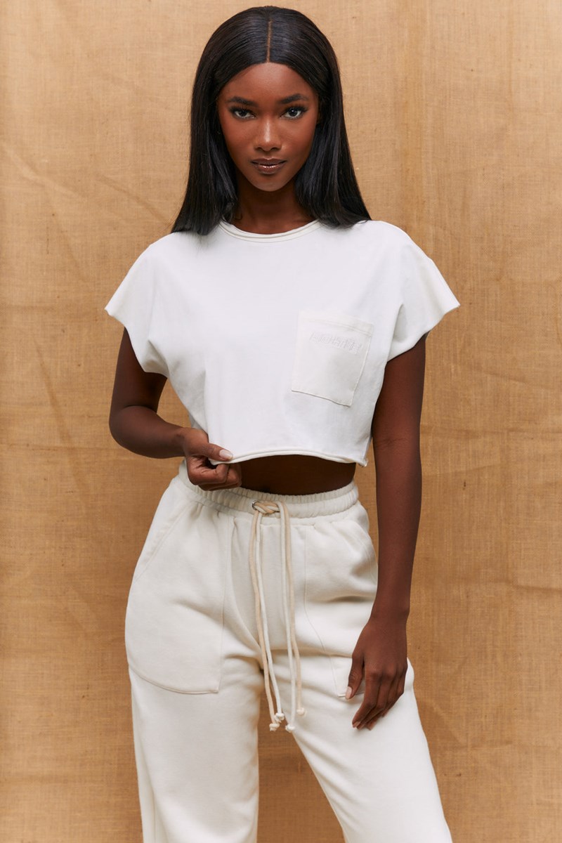 Bo+Tee Pull Up Cropped Pocket T-Shirt Ivory | QAXE46130