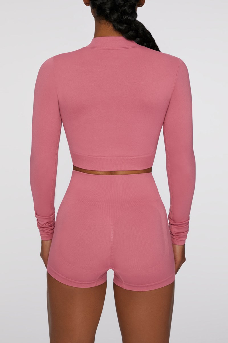 Bo+Tee Reach For It Seamless Long Sleeve Zip Up Crop Top Rosas | BXZA32806