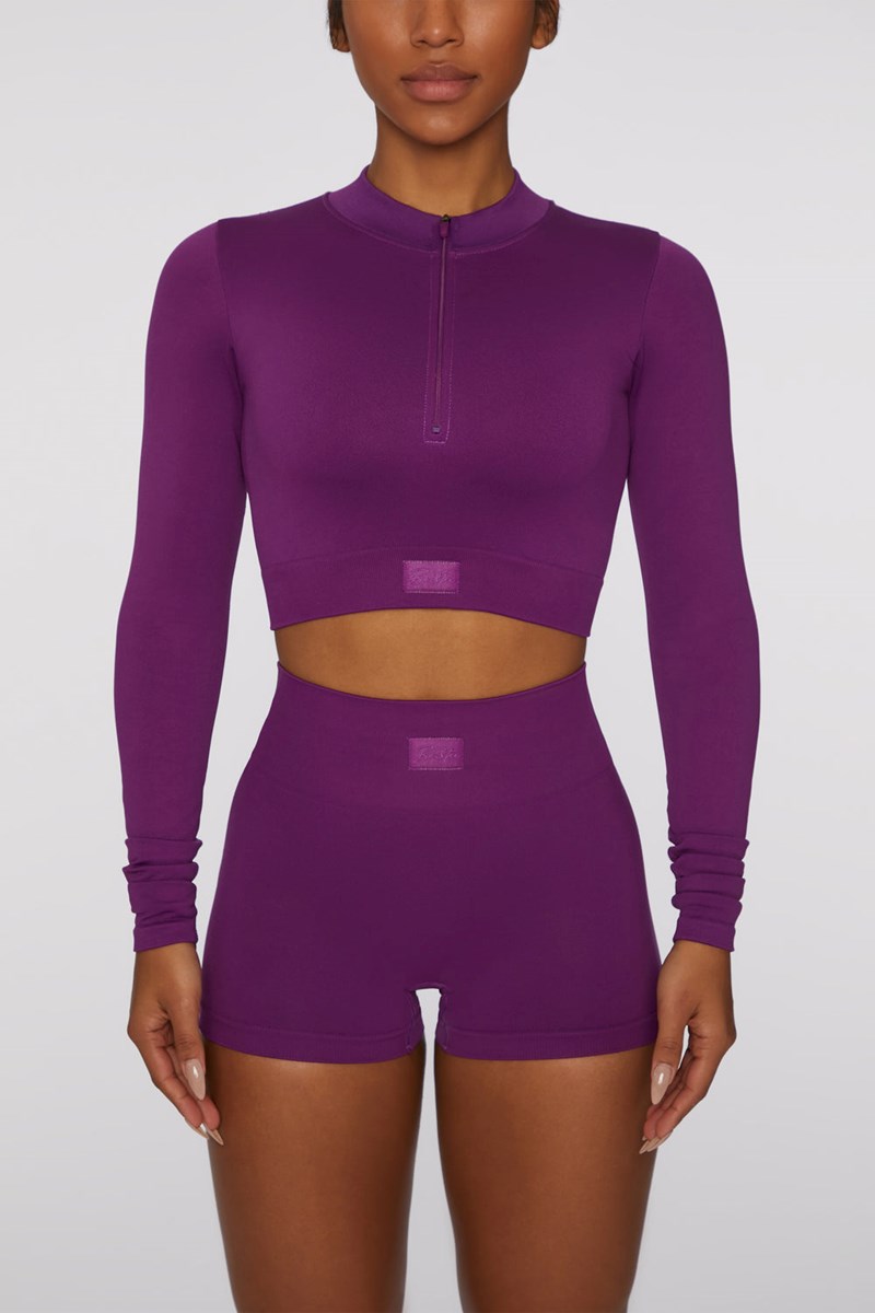 Bo+Tee Reach For It Seamless Long Sleeve Zip Up Crop Top Moradas Oscuro | JUQT67130