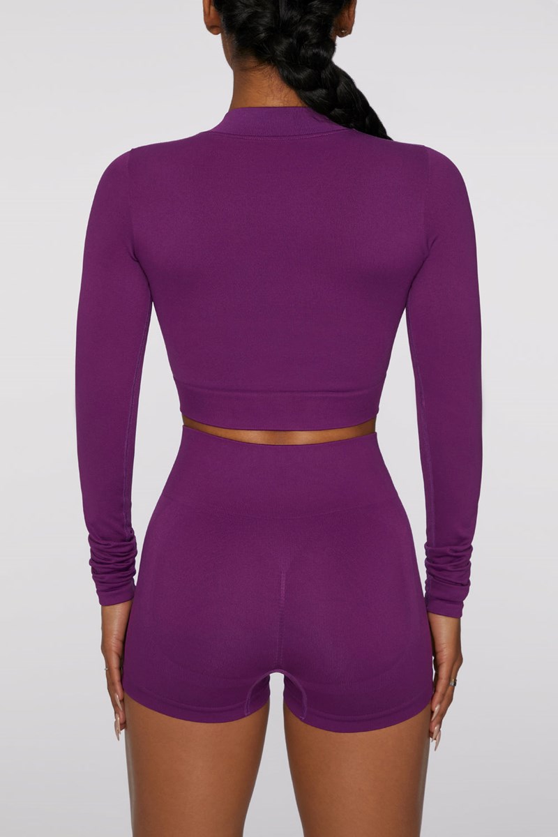 Bo+Tee Reach For It Seamless Long Sleeve Zip Up Crop Top Moradas Oscuro | JUQT67130