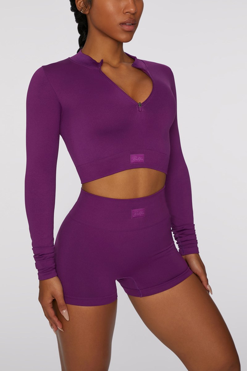 Bo+Tee Reach For It Seamless Long Sleeve Zip Up Crop Top Moradas Oscuro | JUQT67130