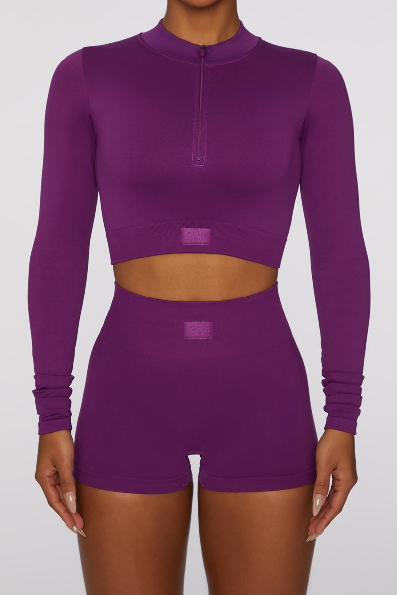 Bo+Tee Reach For It Seamless Long Sleeve Zip Up Crop Top Moradas Oscuro | JUQT67130