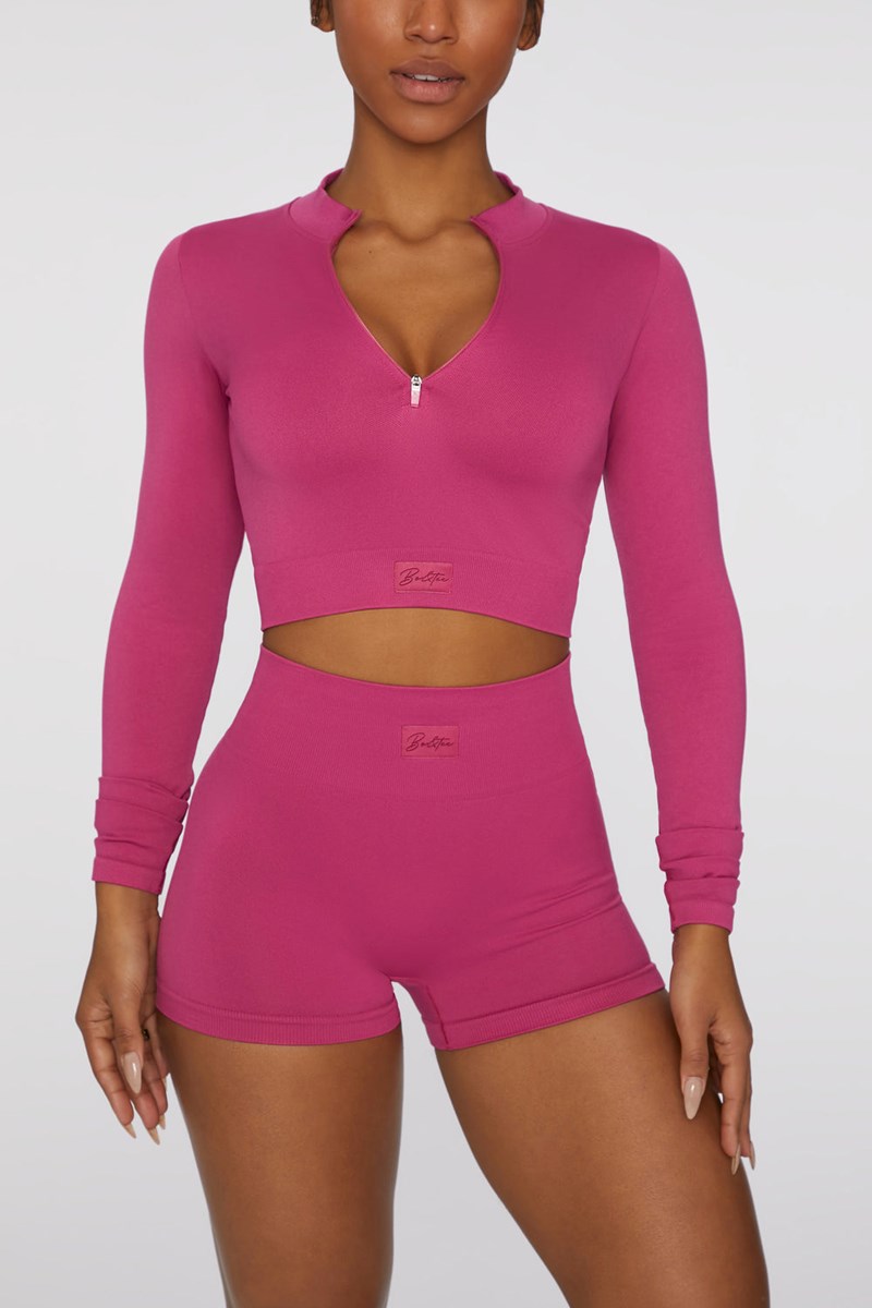 Bo+Tee Reach For It Seamless Long Sleeve Zip Up Crop Top Rosas Oscuro | JUXR31967