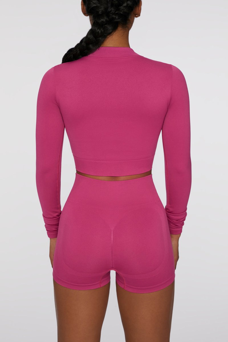 Bo+Tee Reach For It Seamless Long Sleeve Zip Up Crop Top Rosas Oscuro | JUXR31967