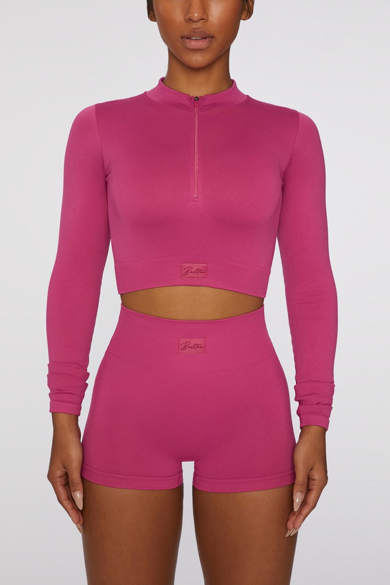 Bo+Tee Reach For It Seamless Long Sleeve Zip Up Crop Top Rosas Oscuro | JUXR31967