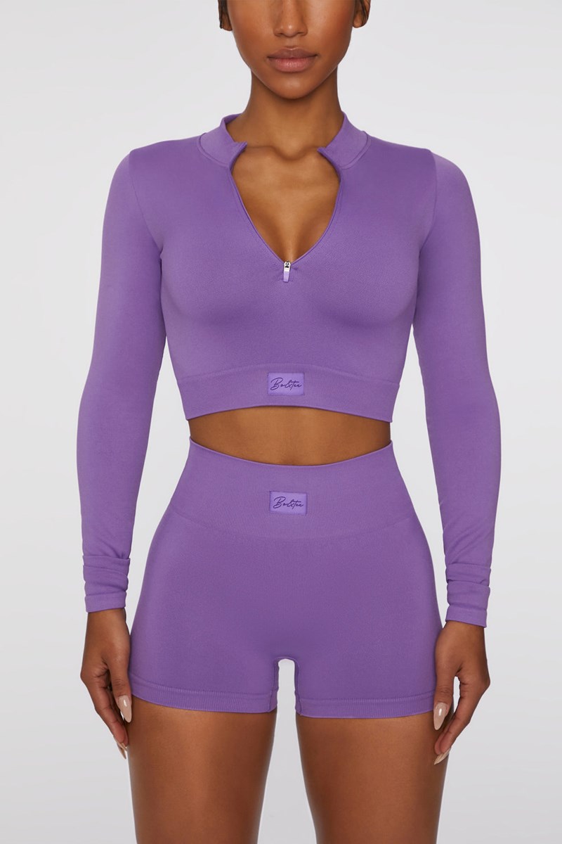 Bo+Tee Reach For It Seamless Long Sleeve Zip Up Crop Top Moradas | WDPZ72461